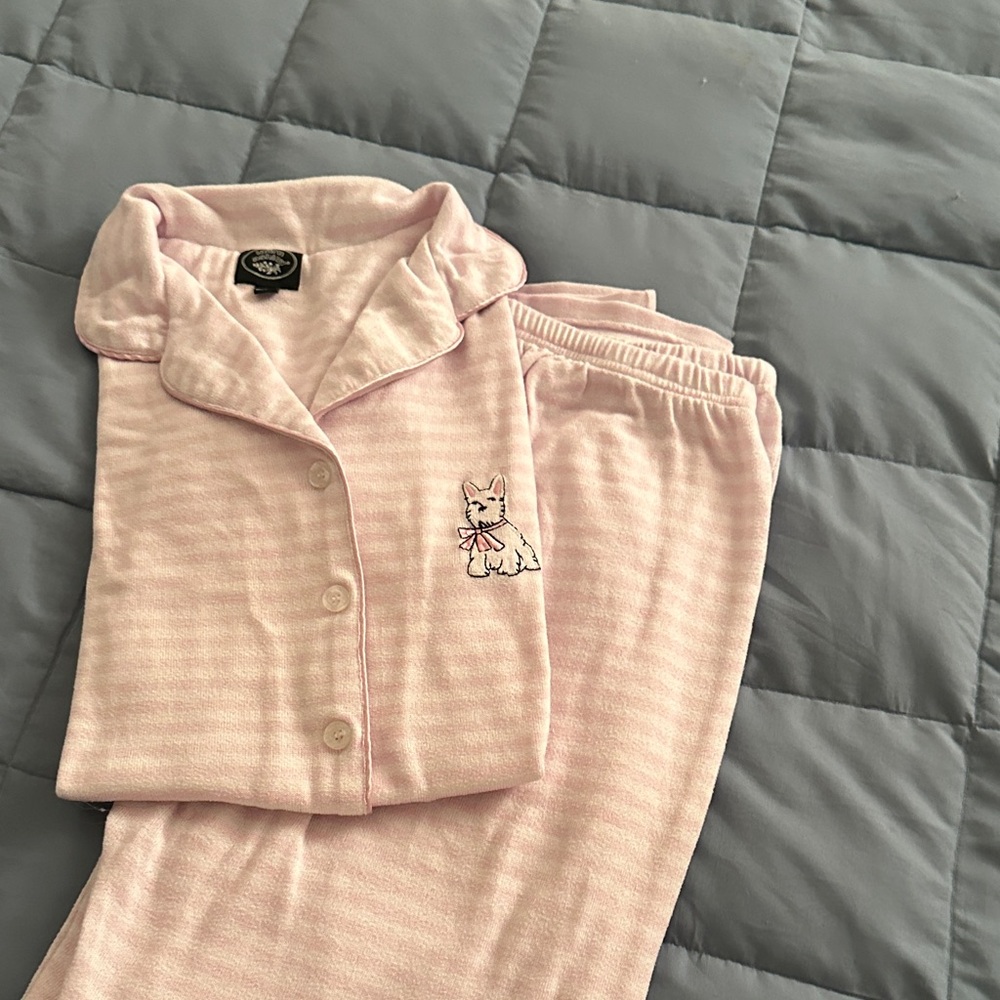 Laura Ashley Pink Striped Pajama Set with schnauzer Embroidery